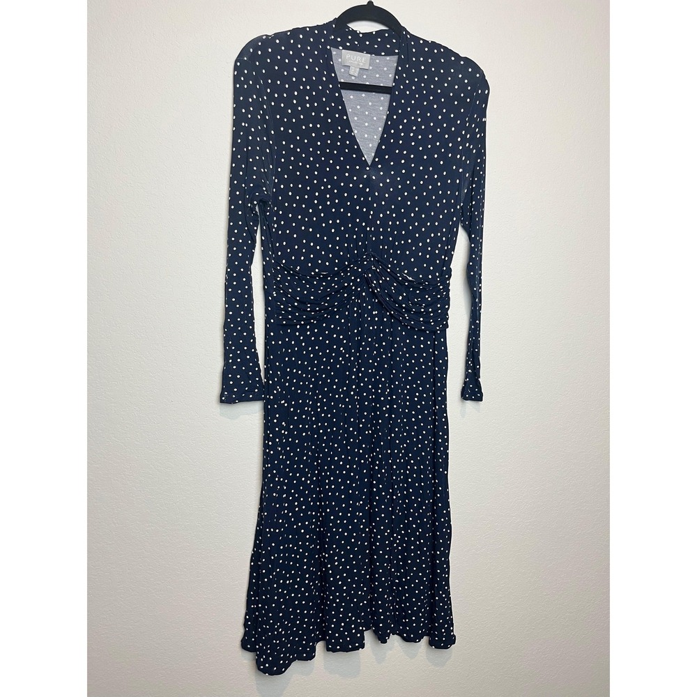 Pure Collection Dress Womens 6 Blue Polka Dot Wrap Ruched Long Sleeve Midi